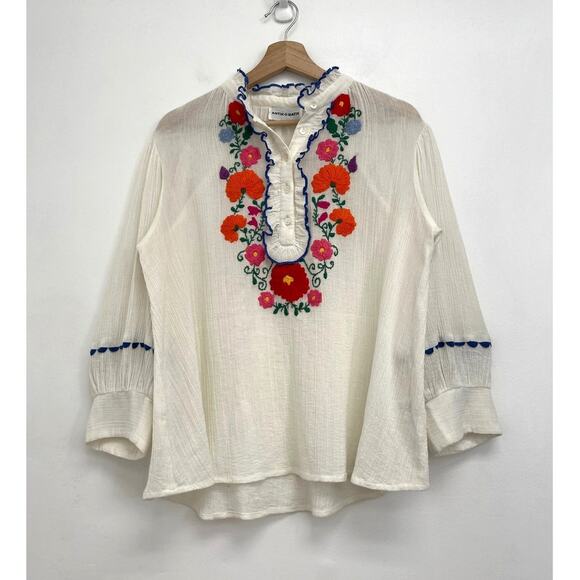 Antik Batik Floral Hand-Embroidered Ruffle Collar Clotilda Crepe Blouse - Small - Picture 3 of 14